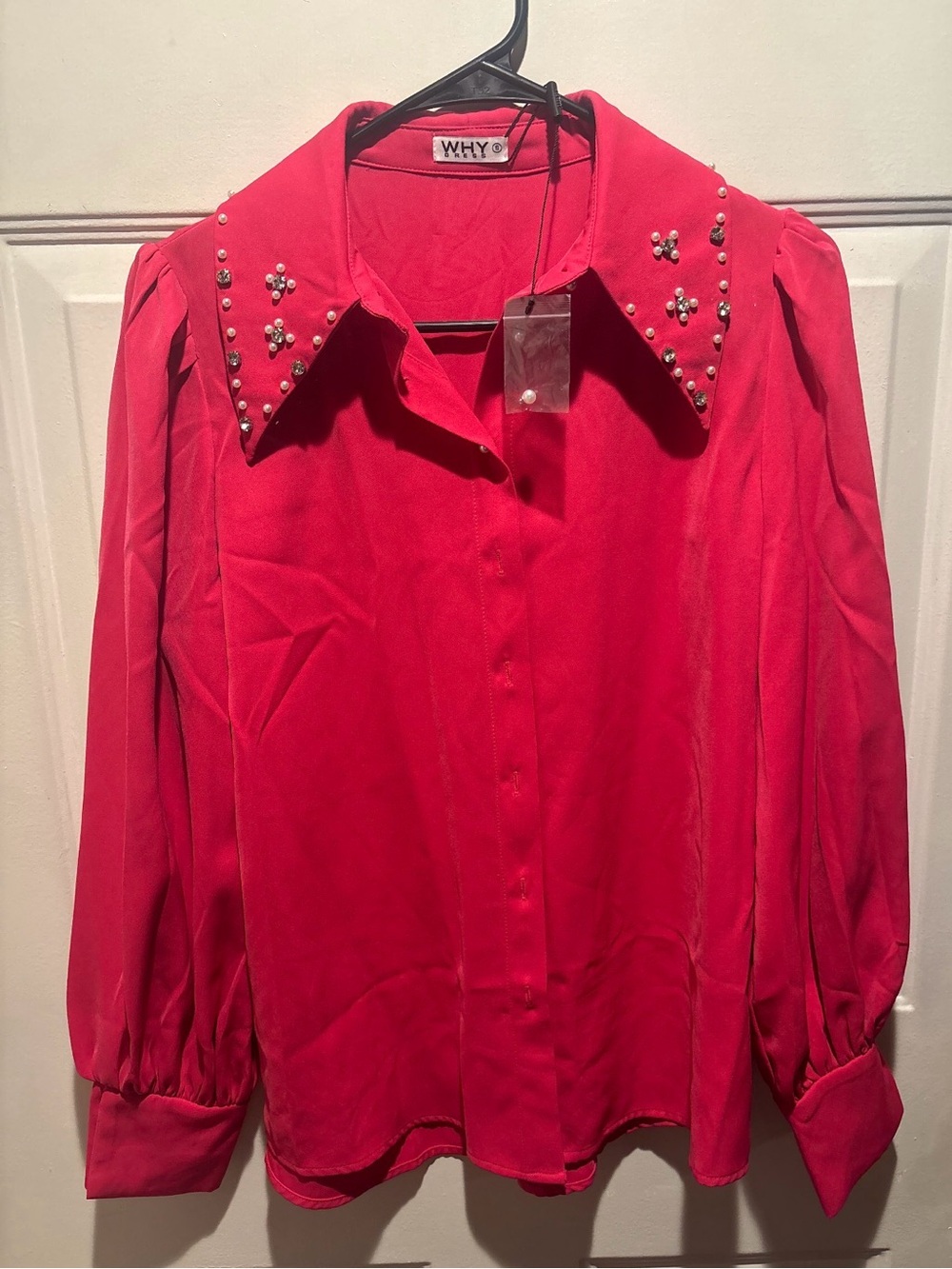 WHY Red Pearl Collar Long-Sleeve Blouse